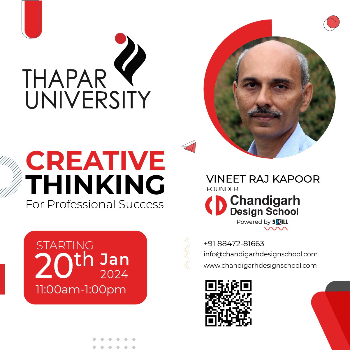 Chandigarh Design School has started a course at Thapar Institute of Engineering and Technology (TIET) also known as Thapar University on the subject “Creative Thinking for Professional Success”. This subject would run for the complete semester as is an optional course for students across all branches and years. This makes it one of the most important options for students wanted to rein in their creativity for benefit. During this class Vineet Raj Kapoor (Indian IDT Expert Worldskills, and Founder Chandigarh Design School) shared, “Creativity is not the right of an individual but a practice of a patient individual”. He comments that anyone with the patience, grit and determination can rein in their creativity. This is the first collaboration between Thapar University and Chandigarh Design School (powered by SXILL).